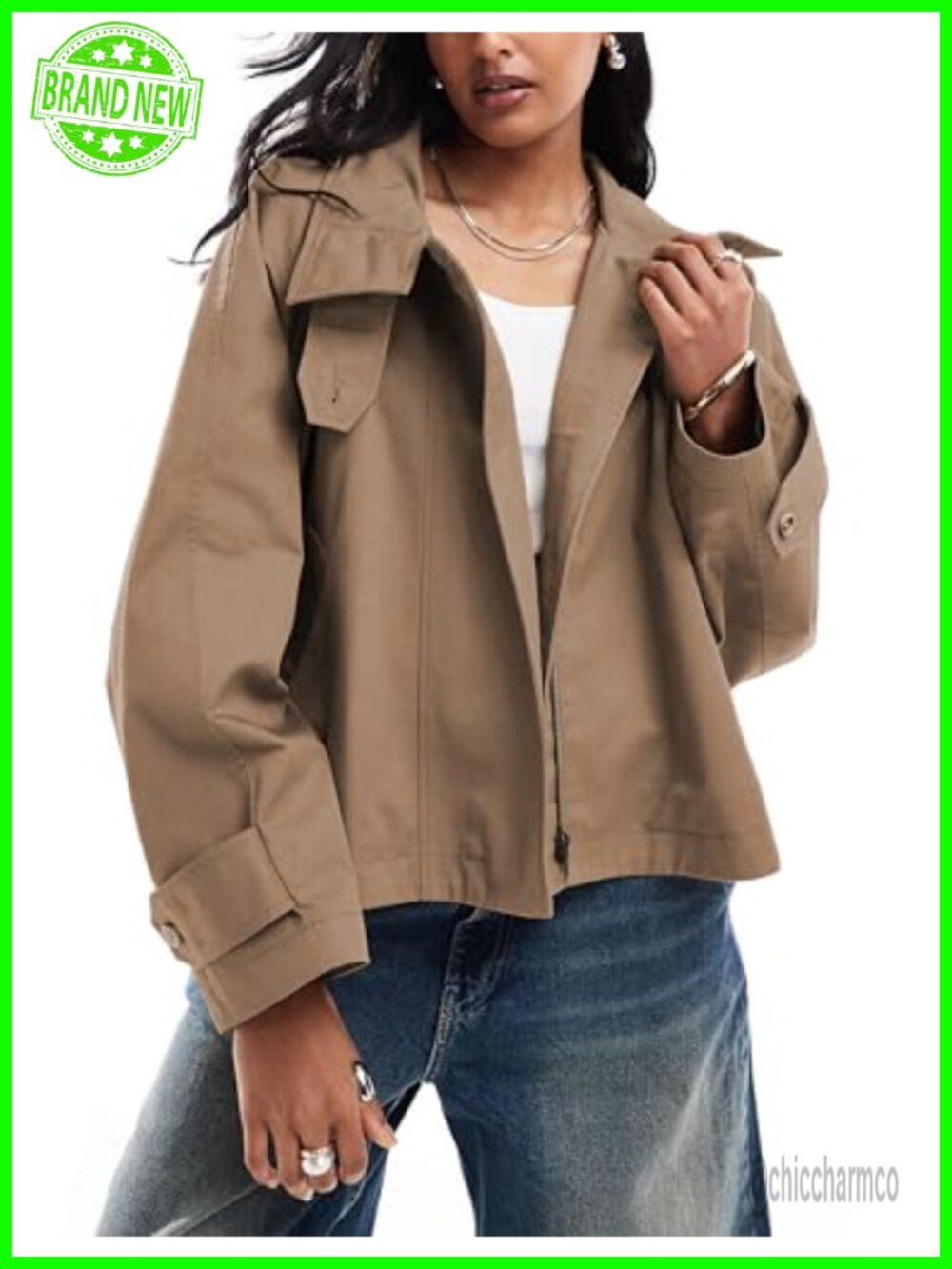 Women's Cropped Trench Coat Zip Up Short Outwear Back Cape Fall Spring Jacket